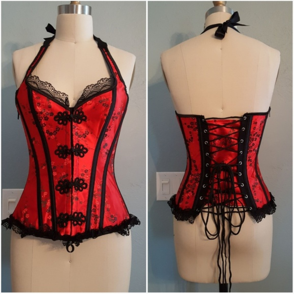 Scarlet Satin Cherry Blossom Brocade Corset Top Gem